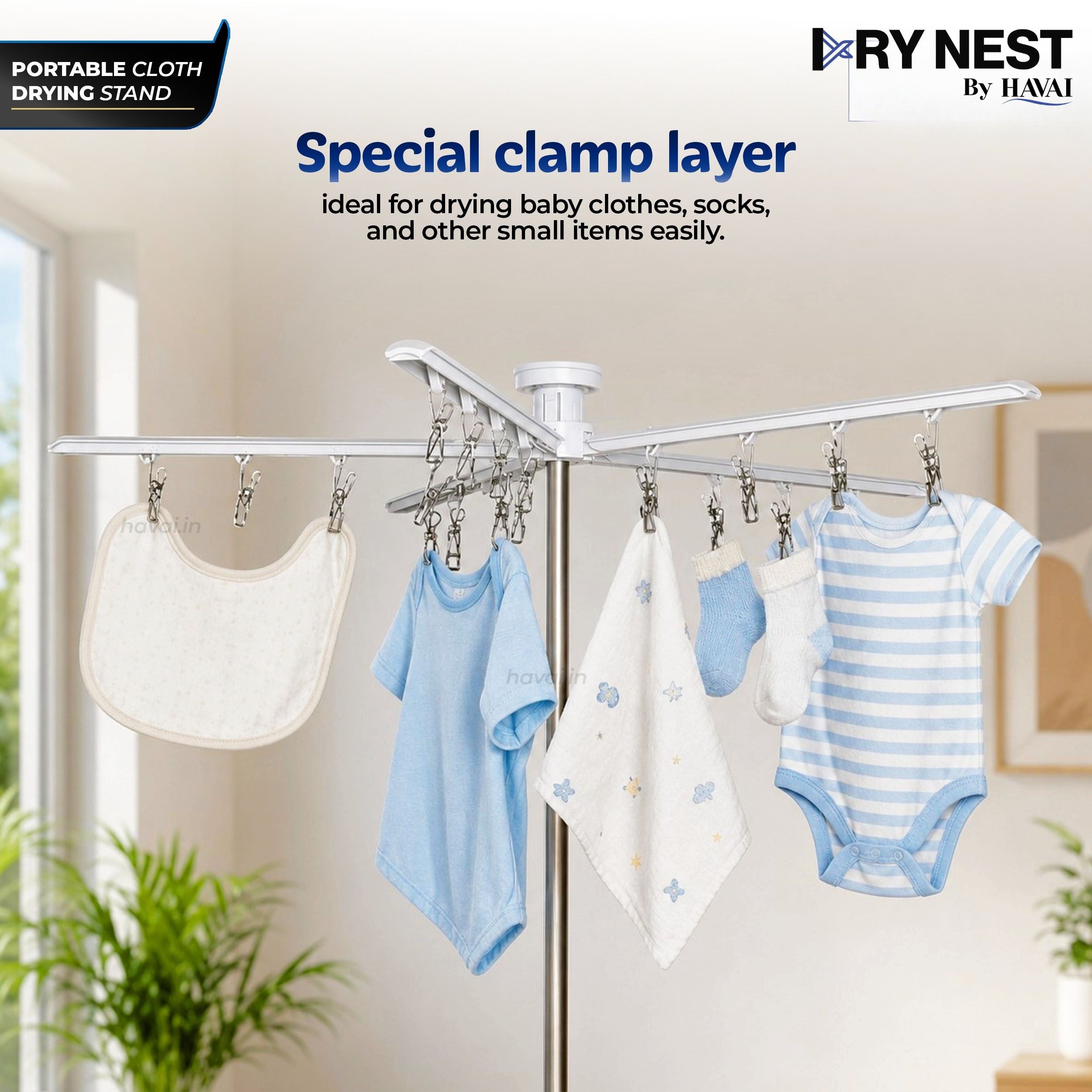 HAVAI Octopus Essential Foldable Rotating Clothes Drying Stand | 360° Multi-Layer Laundry Drying Rack with Lockable Wheels | Heavy Duty Stainless Steel Clothes Hanger | Space Saving Cloth Dryer
