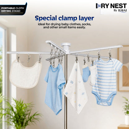 HAVAI Octopus Essential Foldable Rotating Clothes Drying Stand | 360° Multi-Layer Laundry Drying Rack with Lockable Wheels | Heavy Duty Stainless Steel Clothes Hanger | Space Saving Cloth Dryer