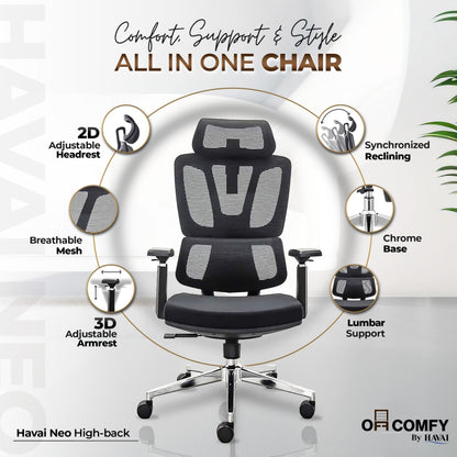 HAVAI Neo High Back Ergonomic Mesh Office Chair |  Multi-Lock Mechanism | Chrome Base | 3D Armrests with PU Pads  | Adjustable Headrest | Breathable Mesh Back (Black
