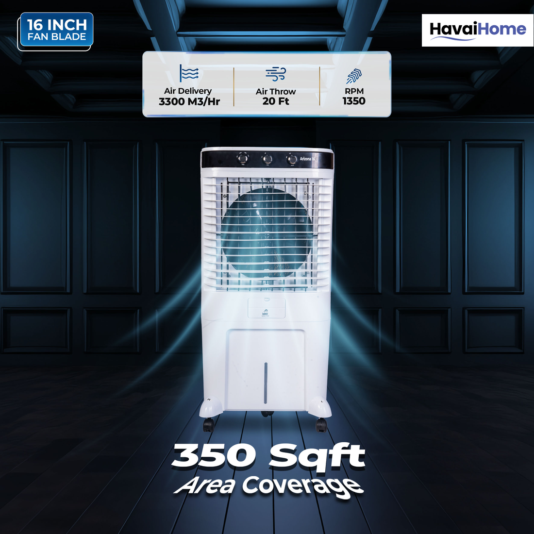 HAVAI Arizona 16 80L Desert Air Cooler with Ice Chamber | 16-Inch Aerodynamic Blade | 3-Side Thick Honeycomb Pads | 5 Castors for Extra Stability | 3300 m³/hr Air Delivery | 20 Ft Air Throw | 1 Year On-Site Warranty