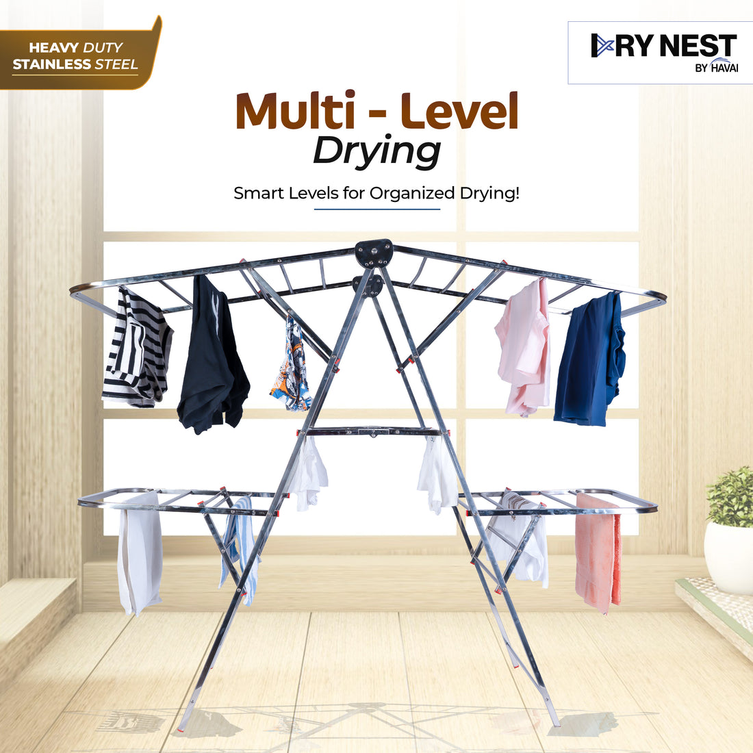 DryNest By HAVAI – Foldable Cloth Drying Stand |  Double Zig-Zag Stainless Steel Dryer Rack | Space-Saving Design for Balcony,  Indoor &amp; Outdoor Use
