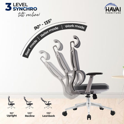 HAVAI Flexi High Back Black Mesh Ergonomic Office Chair |  Multi-Lock Synchro Tilt | Aluminium Base | Class 4 Gaslift | Seat Slider | 3D Adjustable Armrests | 50mm Casters | Premium Mesh Back &amp; Fabric Seat(Grey)