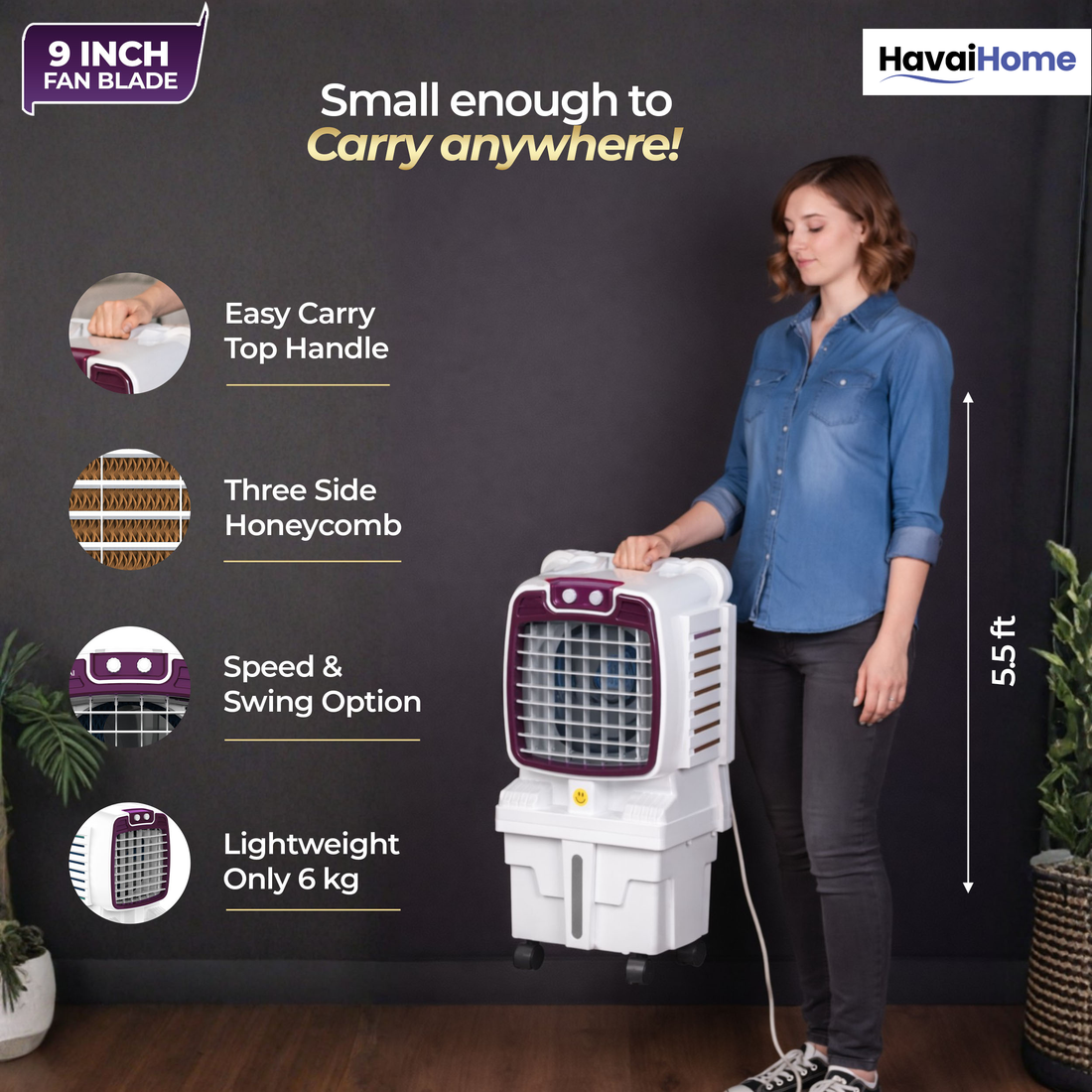 HAVAI Arizona 9 Mini Personal Air Cooler | India’s First 9-Inch Blade Cooler | 2600 RPM | 5 Ft Air Throw | 3-Side Honeycomb | 12L Tank | Motorised Louvers | 120W | Ideal for 50 Sq Ft