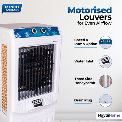 HAVAI Arizona 12 Personal Air Cooler | 12-Inch Fan | 60L Water Tank | Air Throw up to 8 Feet | 2000 m³/hr Air Delivery | 3-Side Honeycomb Pads | Motorised Louvers | Energy Efficient 120W | White