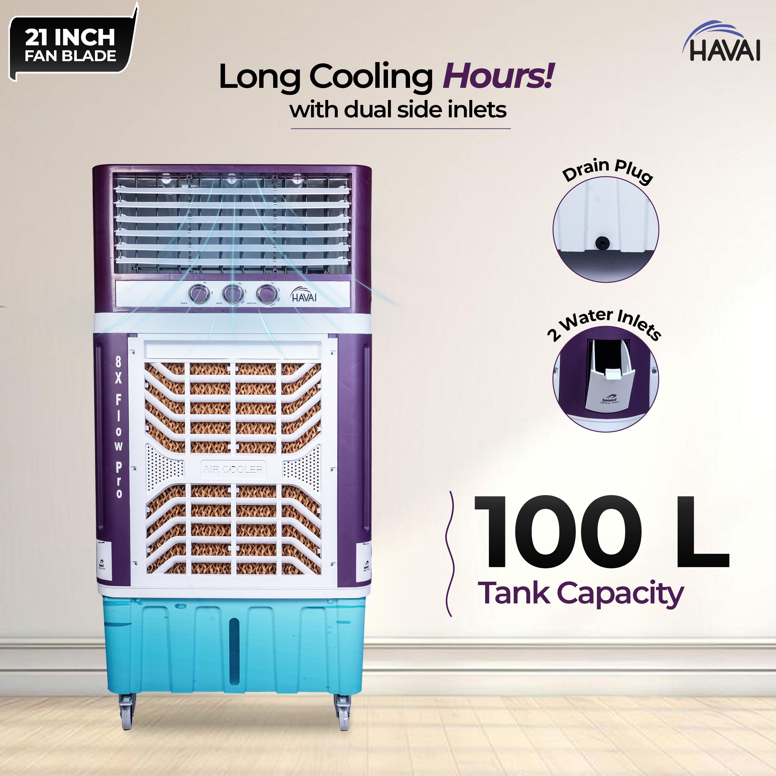 HAVAI 8X Flo Pro Plastic Body Duct Air Cooler | 100L Tank | 21” 4-Leaf Fan | 8500 m³/hr Airflow | 30 ft Air Throw | Double Ball Bearing Motor | 4-Side Honeycomb Cooling