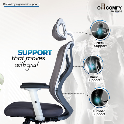 Off Comfy by HAVAI - Titan Pro Grey Chair |  Korean Mesh | Headrest | 2D Arms | Lumbar |  Seat Slider | Gaslift | Chrome Base | 60mm Castors