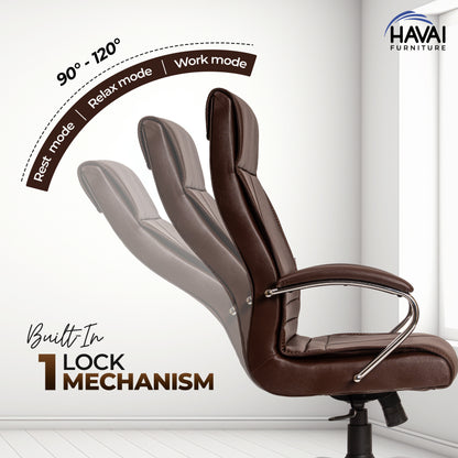 HAVAI Nova High Back Office Chair | Premium Leather | Ergonomic Executive Chair with Single Lock Tilt Mechanism |  Chrome Steel Base &amp; Arms | Class 4 Gaslift | 50mm Casters  | High-Density Cushioned Seat &amp; Back (Brown)