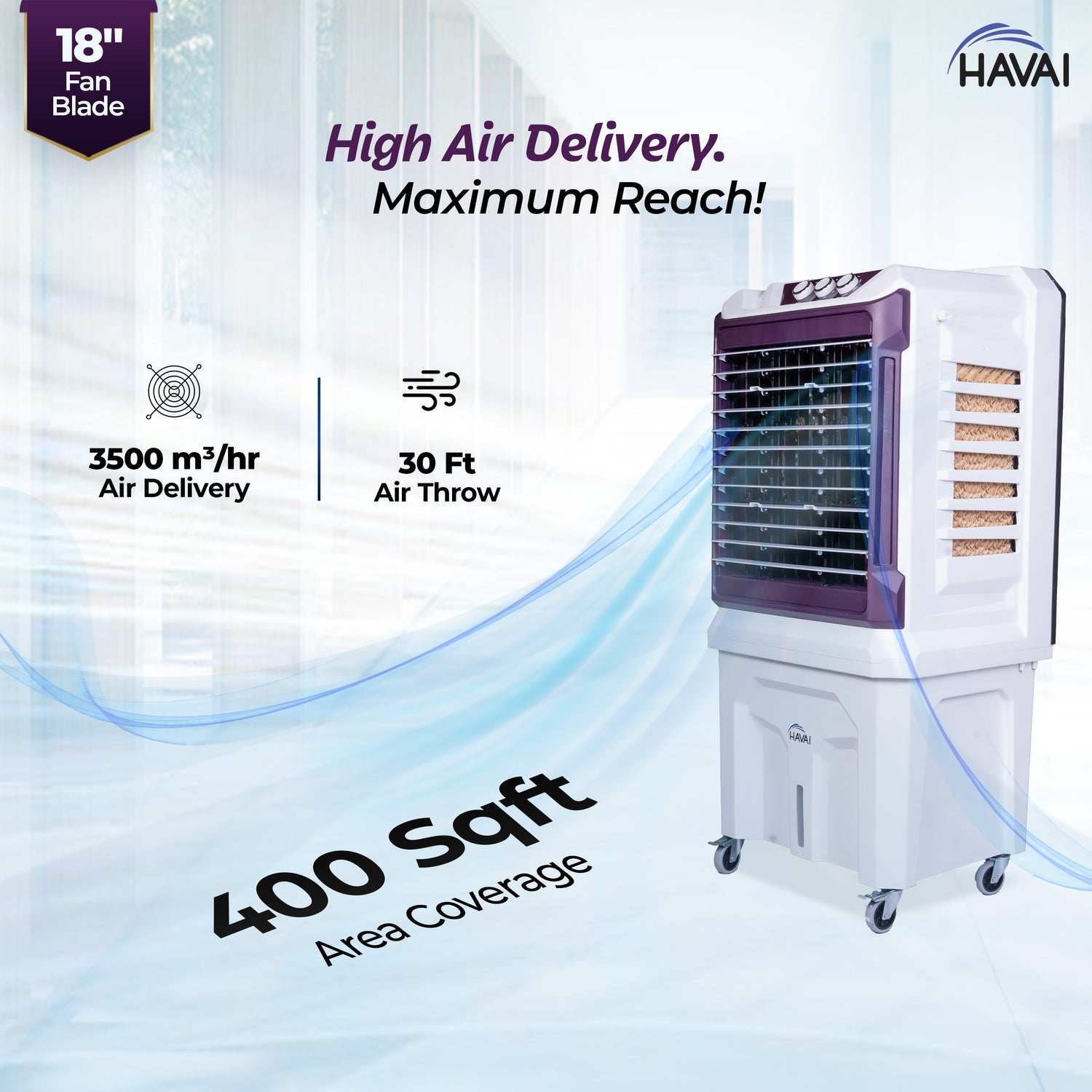 HAVAI Arizona 18 High Airflow Desert Cooler | 18” Metal Fan | 100L Tank | 3500 m³/hr Air Delivery | 30 ft Air Throw | 3-Side Thick Honeycomb Pads | Double Bearing Low-Noise Motor | Castor Wheels | 1-Year On-Site Warranty