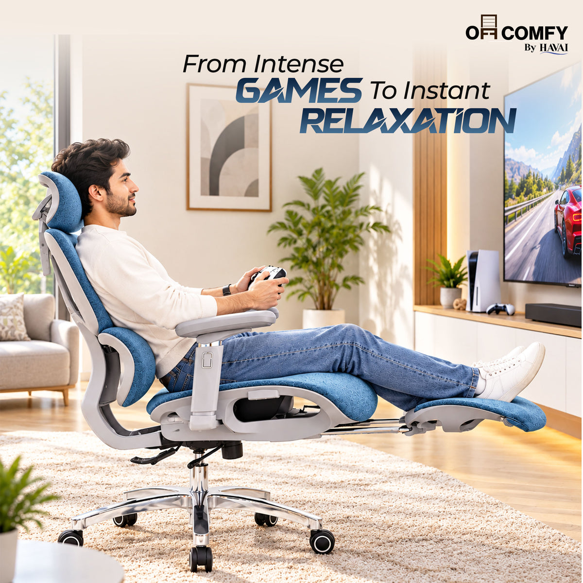 Havai Neo Pro Ergonomic Office Chair with Adjustable Lumbar &amp; Legrest | 3D Adjustable Armrests | Fully Cushioned Seat | Adjustable Headrest | Adjustable Backrest | Adjustable Lumbar Support | Reclining Function | Extendable Leg Rest | Ergonomic Design