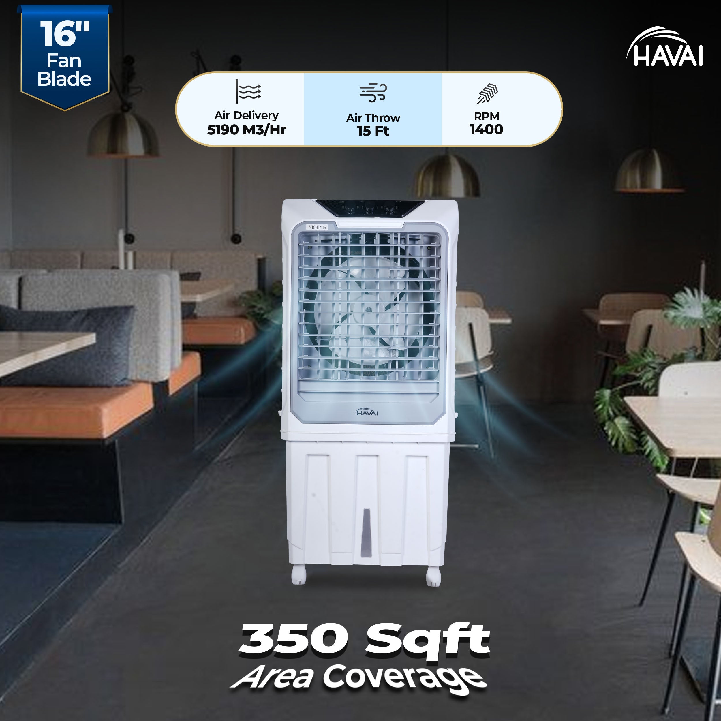 HAVAI Mighty 16 Desert Air Cooler | 16 Inch Special Bent-Edge Blade, 100L Tank, 5190 m³/hr Air Delivery | Covers 350 Sq Ft | Honeycomb Pads, Aluminium Motor, Closed Louvers, Wheels | White &amp; Grey