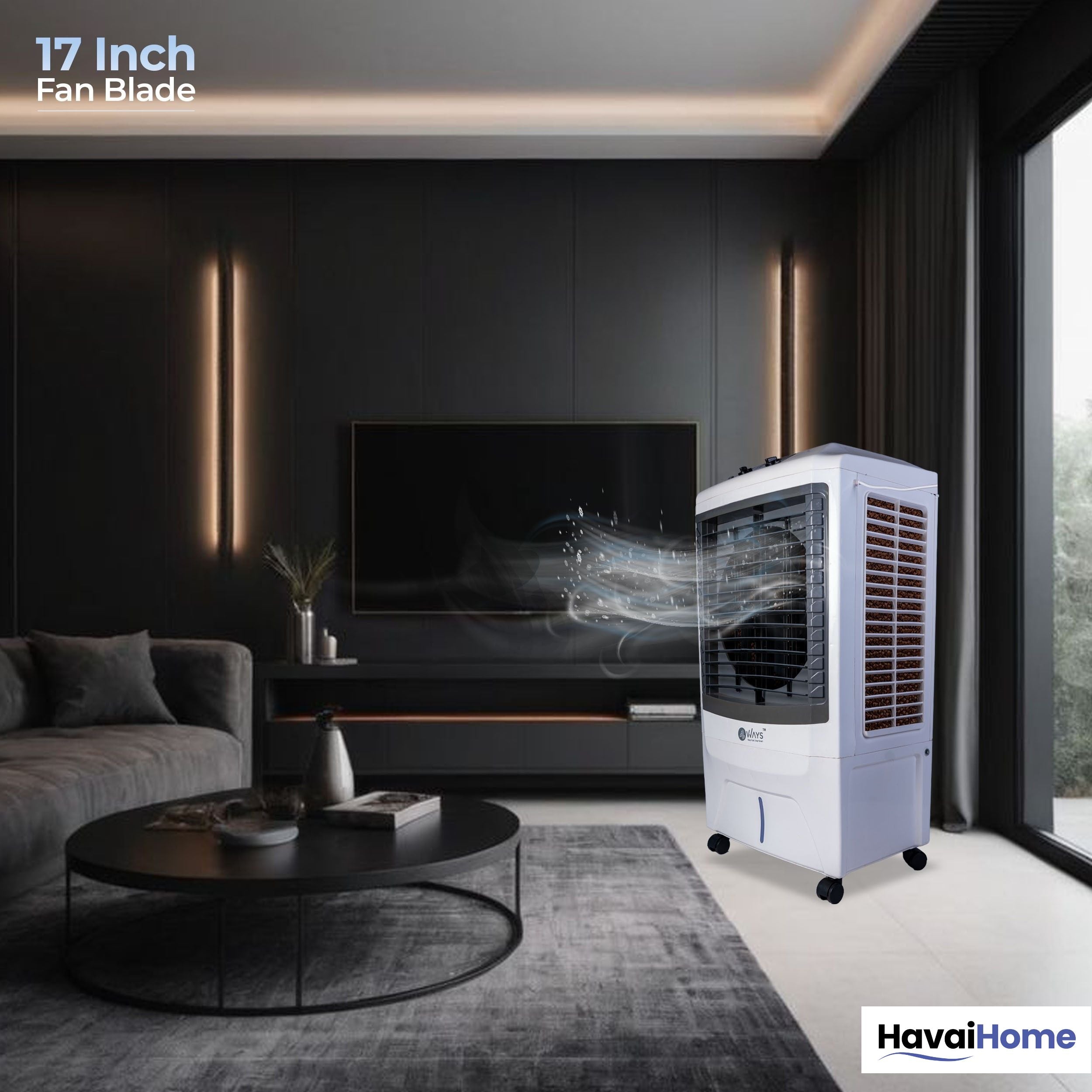 4 Way Plus Cooler | 17-Inch Fan Blade | High Thrust Energy | 500 Sq. Ft Area Coverage | 25-Foot Air Throw | 80 Litre Tank | Three-Side Honeycomb Pads | 1-Year Warranty | Sleek Design