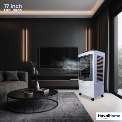4 Way Plus Cooler | 17-Inch Fan Blade | High Thrust Energy | 500 Sq. Ft Area Coverage | 25-Foot Air Throw | 80 Litre Tank | Three-Side Honeycomb Pads | 1-Year Warranty | Sleek Design