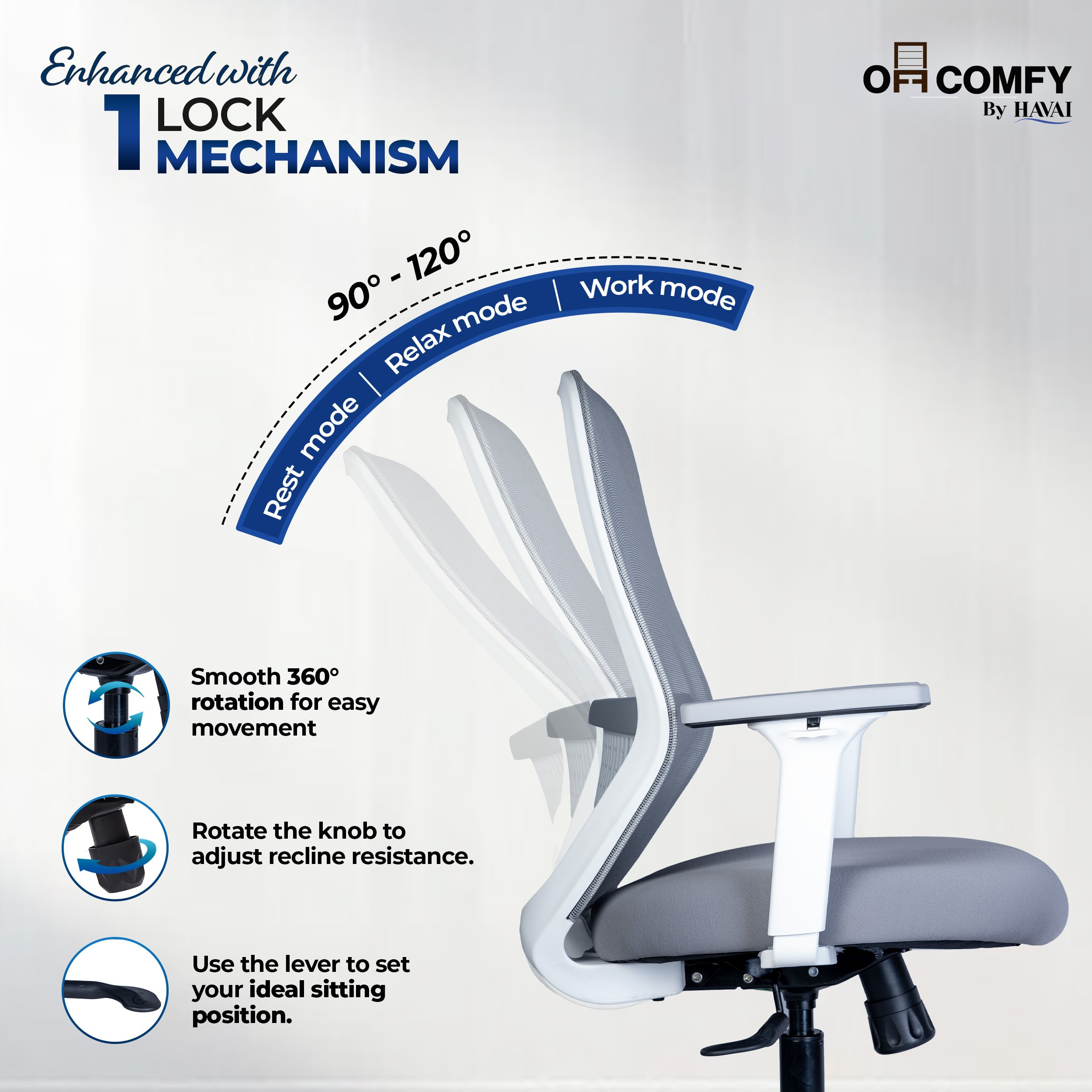HAVAI Off-Comfy Luna Ergonomic Office Chair | Yuva Mesh Back | 2D Arms with TPU Pad | Synchro Tilt with Lock | Class 4 Samhongsa Gaslift | Claw Chrome Base | 60mm Castors (White)