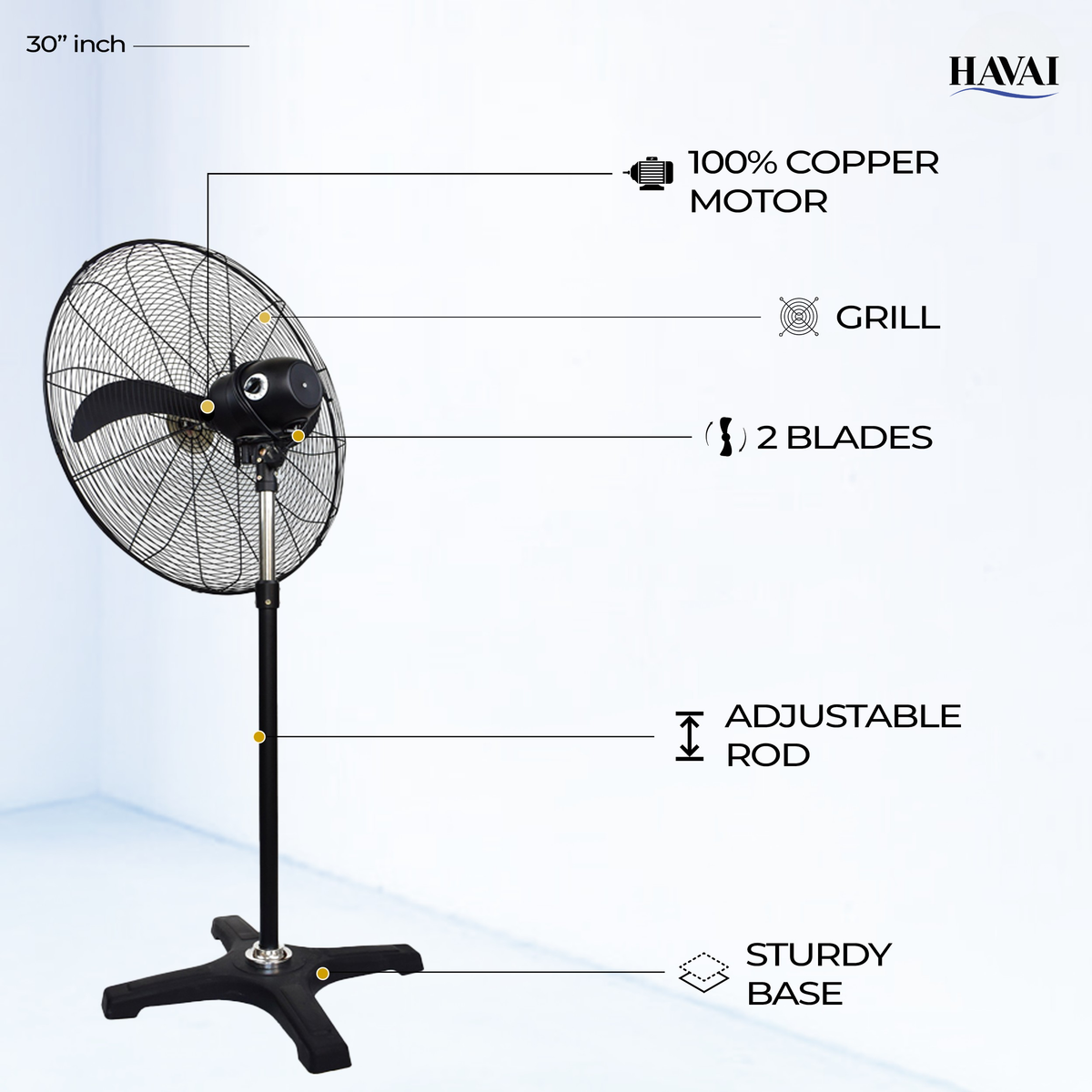 HAVAI BLDC Pedestal Fan 30 Inch, 50% Savings On Electricity, High Velocity, Heavy Duty Metal For Industrial, Commercial And Residential Use, Assembly Included , Black