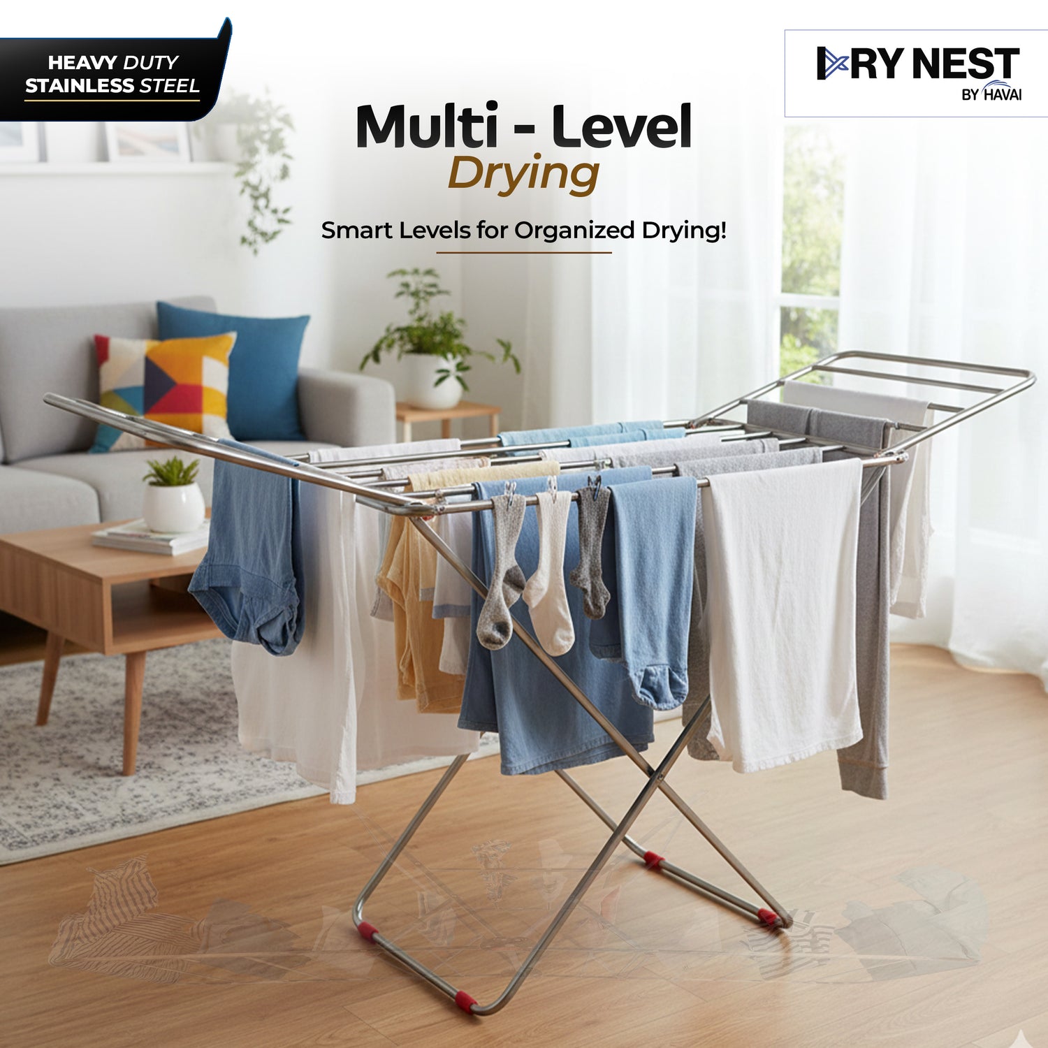 HAVAI DryNest 3.8 KG Heavy Duty Foldable Clothes Drying Stand | 20 Square Rust-Free Steel Rods | Strong Load Capacity | 3-Way Folding Laundry Airer | Space-Saving Indoor &amp; Balcony Clothes Stand | 1-Year Warranty