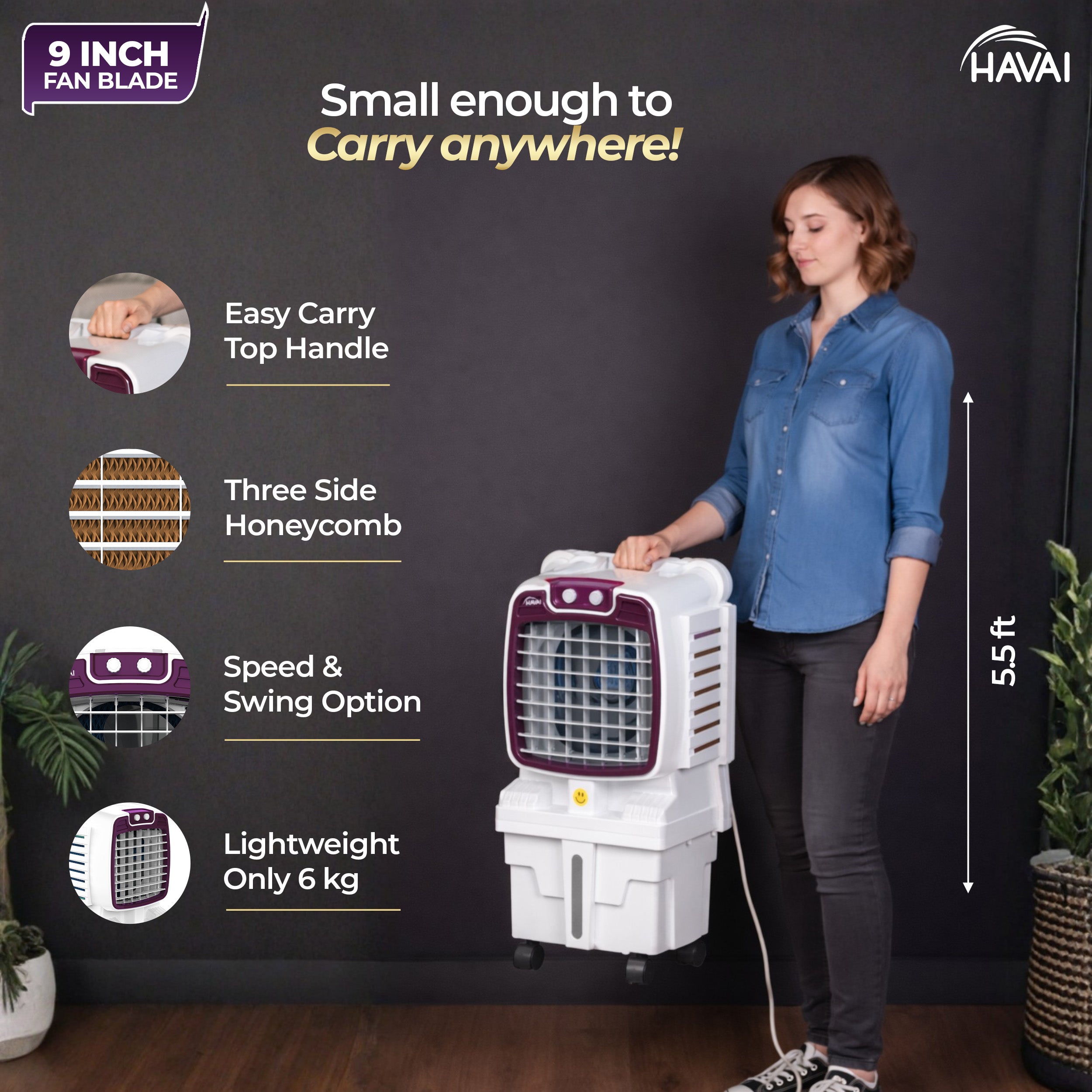 HAVAI Arizona 9 Mini Personal Air Cooler | India’s First 9-Inch Blade Cooler | 2600 RPM | 5 Ft Air Throw | 3-Side Honeycomb | 12L Tank | Motorised Louvers | 120W | Ideal for 50 Sq Ft