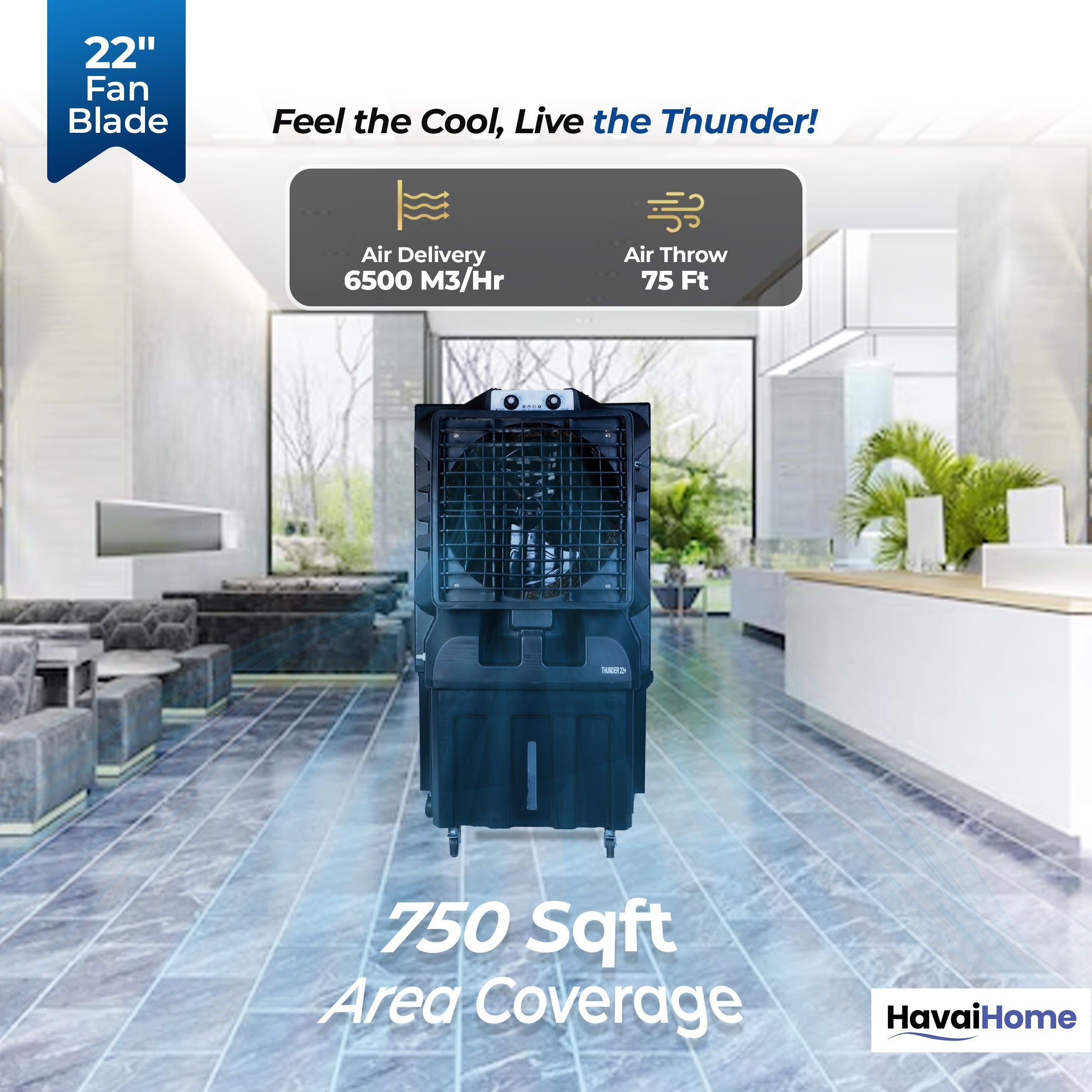 Thunder 22+ Desert Cooler |22 Inch Aluminum Blade |750 Feet Area Coverage|150 Litre Tank Capacity, Lockable Wheels, Auto Swing, Thick Dense Honeycomb, 1 Year Warranty|3 Speed Control