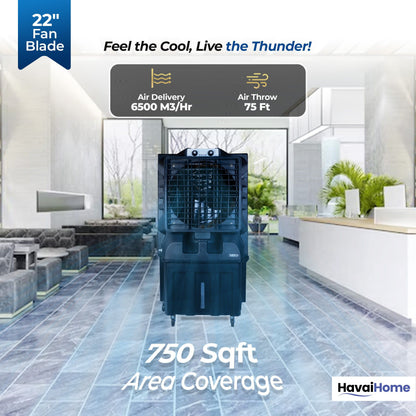 Thunder 22+ Desert Cooler |22 Inch Aluminum Blade |750 Feet Area Coverage|150 Litre Tank Capacity, Lockable Wheels, Auto Swing, Thick Dense Honeycomb, 1 Year Warranty|3 Speed Control
