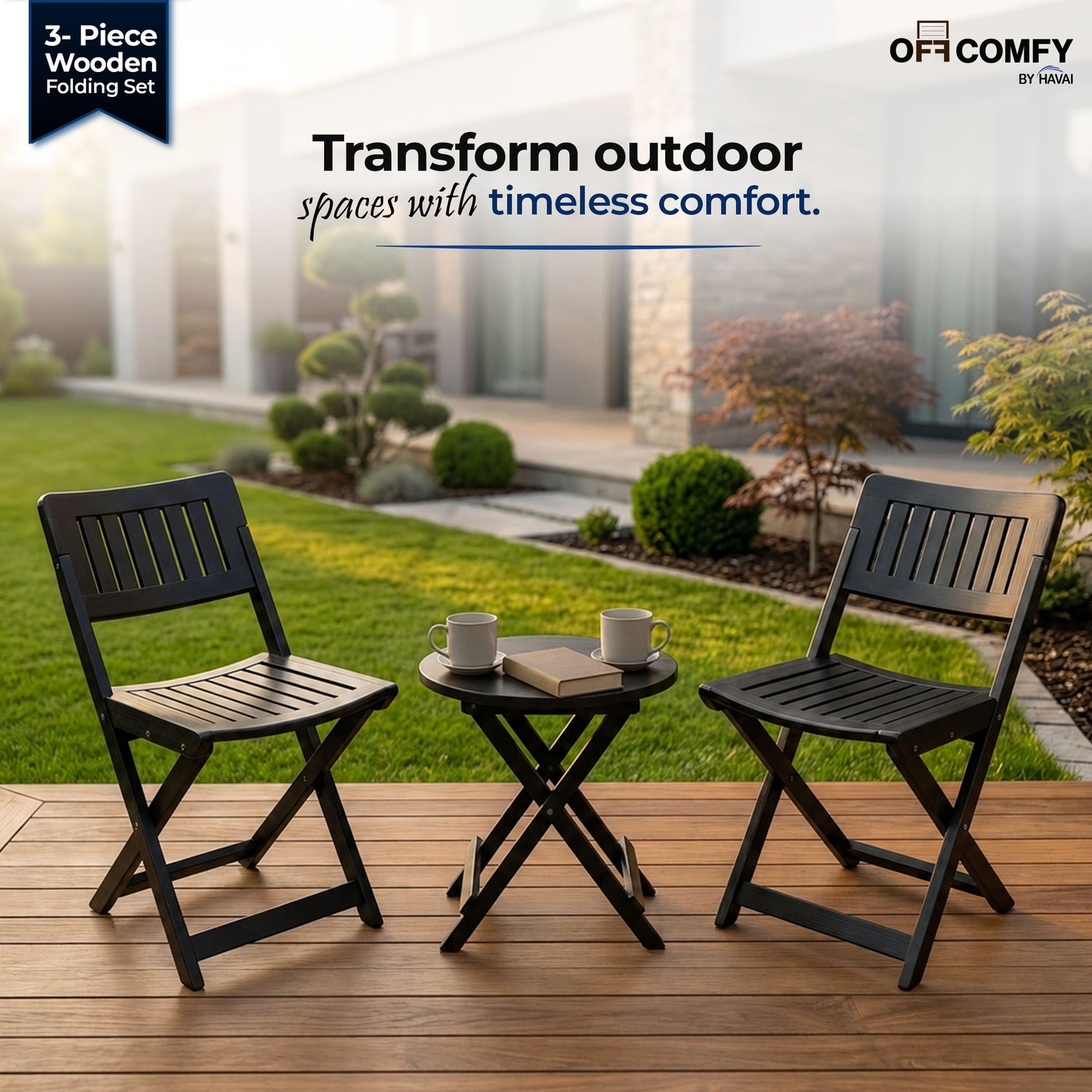 HAVAI Teakwood Foldable Balcony Furniture Set | 2 Chairs &amp; 1 Table | Premium Solid Teak Wood Outdoor Patio Set | Garden, Balcony, Terrace &amp; Cafe Furniture | Pre-Assembled Natural Wood Finish (BLACK)