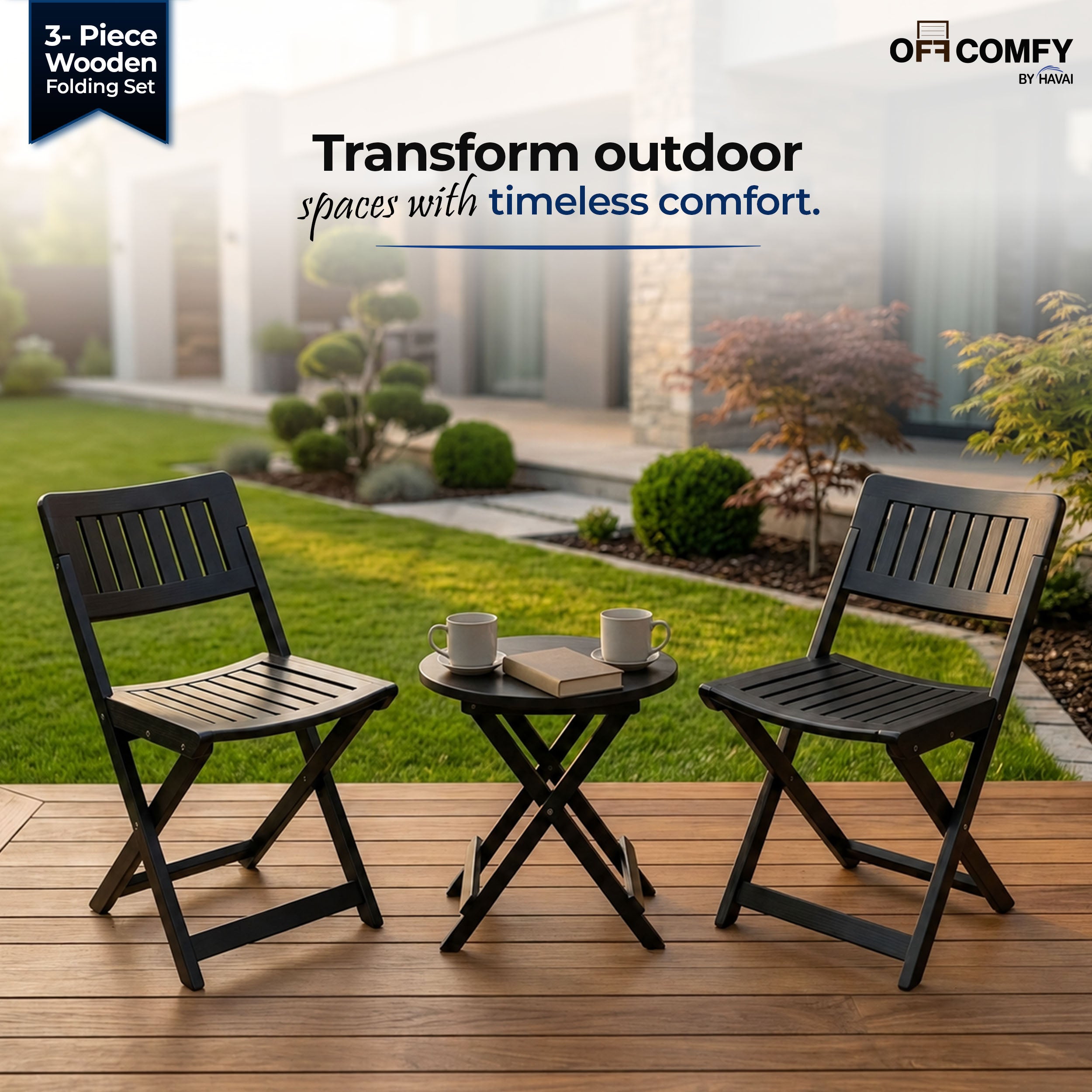 HAVAI Teakwood Foldable Balcony Furniture Set | 2 Chairs &amp; 1 Table | Premium Solid Teak Wood Outdoor Patio Set | Garden, Balcony, Terrace &amp; Cafe Furniture | Pre-Assembled Natural Wood Finish (BLACK)