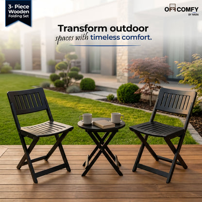 HAVAI Teakwood Foldable Balcony Furniture Set | 2 Chairs &amp; 1 Table | Premium Solid Teak Wood Outdoor Patio Set | Garden, Balcony, Terrace &amp; Cafe Furniture | Pre-Assembled Natural Wood Finish (BLACK)