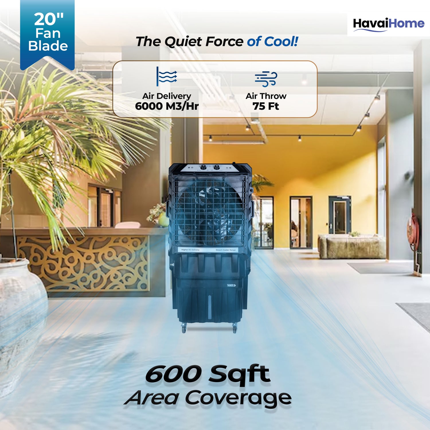 Thunder 20+ Desert Cooler |20 Inch Aluminum Blade |600 Feet Area Coverage|130 Litre Tank Capacity, Lockable Wheels, Auto Swing, Thick Dense Honeycomb, 1 Year Warranty|3 Speed Control