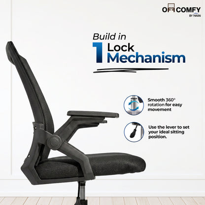 HAVAI Airon Ergonomic Office Chair with Mesh Back | Executive Computer Chair with Reclining &amp; Folding Function | Nylon Armrests | Class 2 Gas Lift | Plywood Base Support | Grey Seat | WFH &amp; Office Use | (Black)