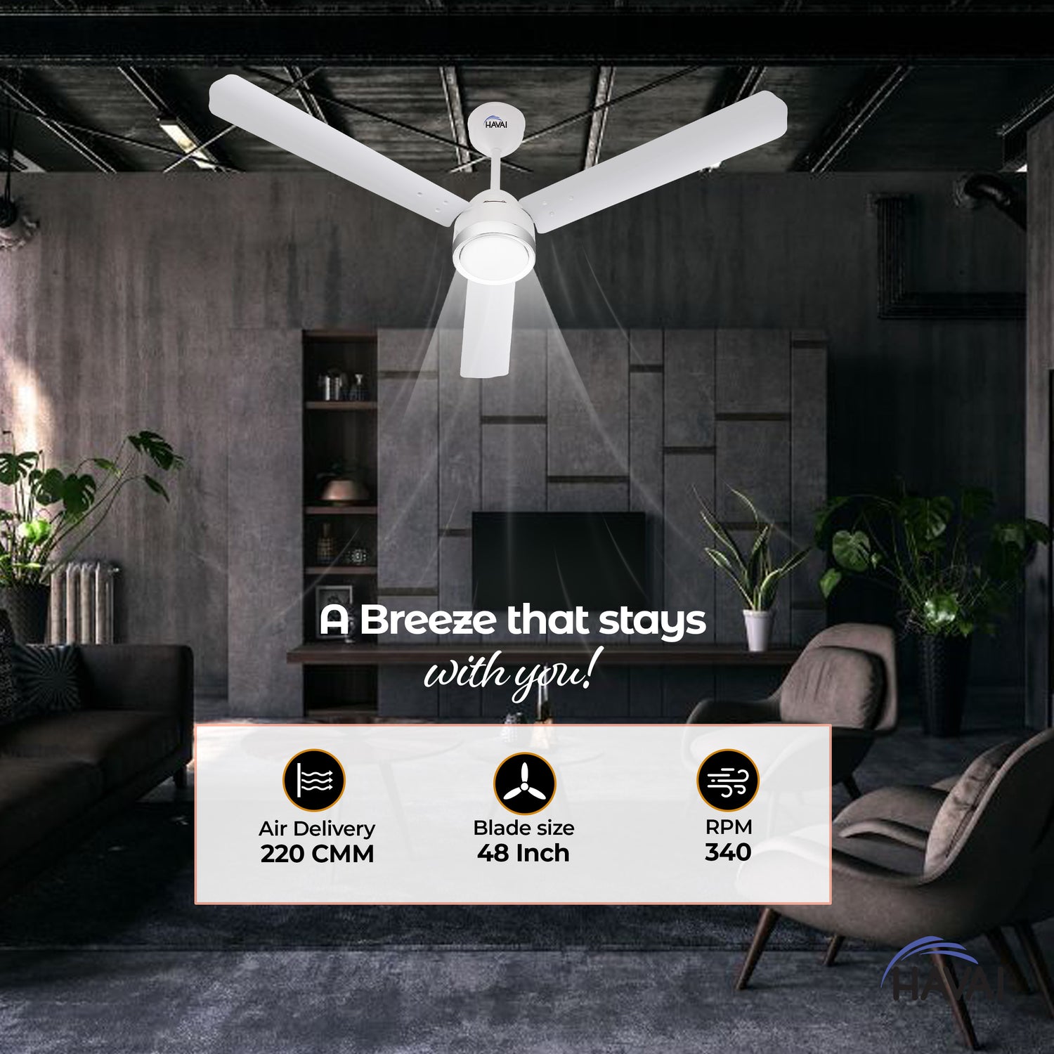 HAVAI Spinel BLDC Ceiling Fan with Decorative Ring | 1200mm, 3 Blades, 27W | Remote Control &amp; 9W LED Light | 2 Years Warranty | Pearl White