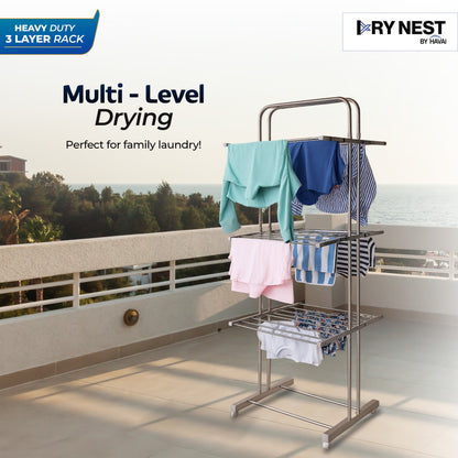 DryNest By HAVAI – Heavy Duty 3-Tier Foldable Cloth Drying Stand |  Stainless Steel Rack for Indoor &amp; Outdoor Use |  Portable Clothes Stand for Balcony &amp; Home Drying