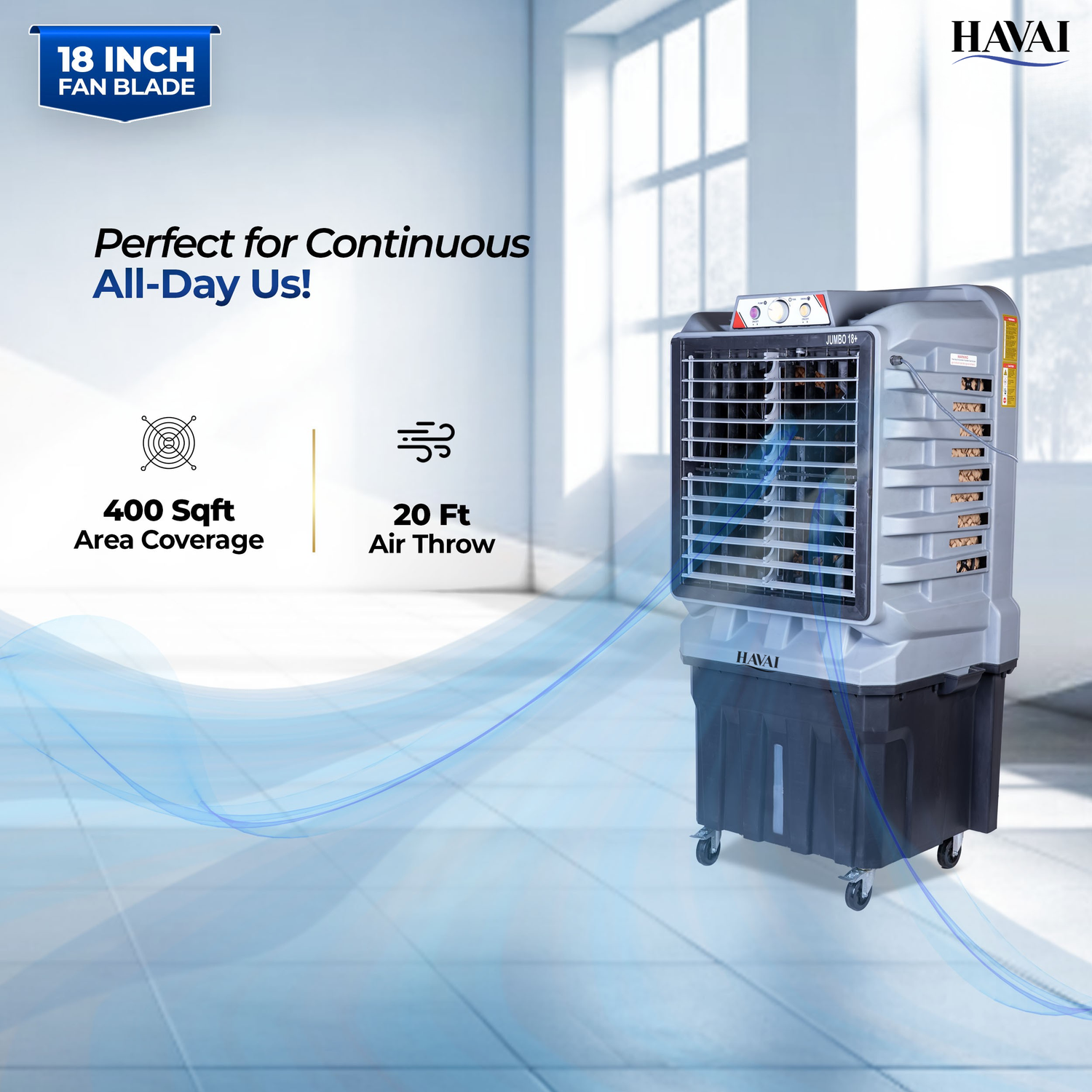 HAVAI Jumbo 18+ Massey Desert Cooler | 150L | 18-Inch Fan | Heavy-Duty 41mm Motor | 3-Side Honeycomb Pads | Auto Swing | Castor Wheels | 230V, 280W | White &amp; Grey