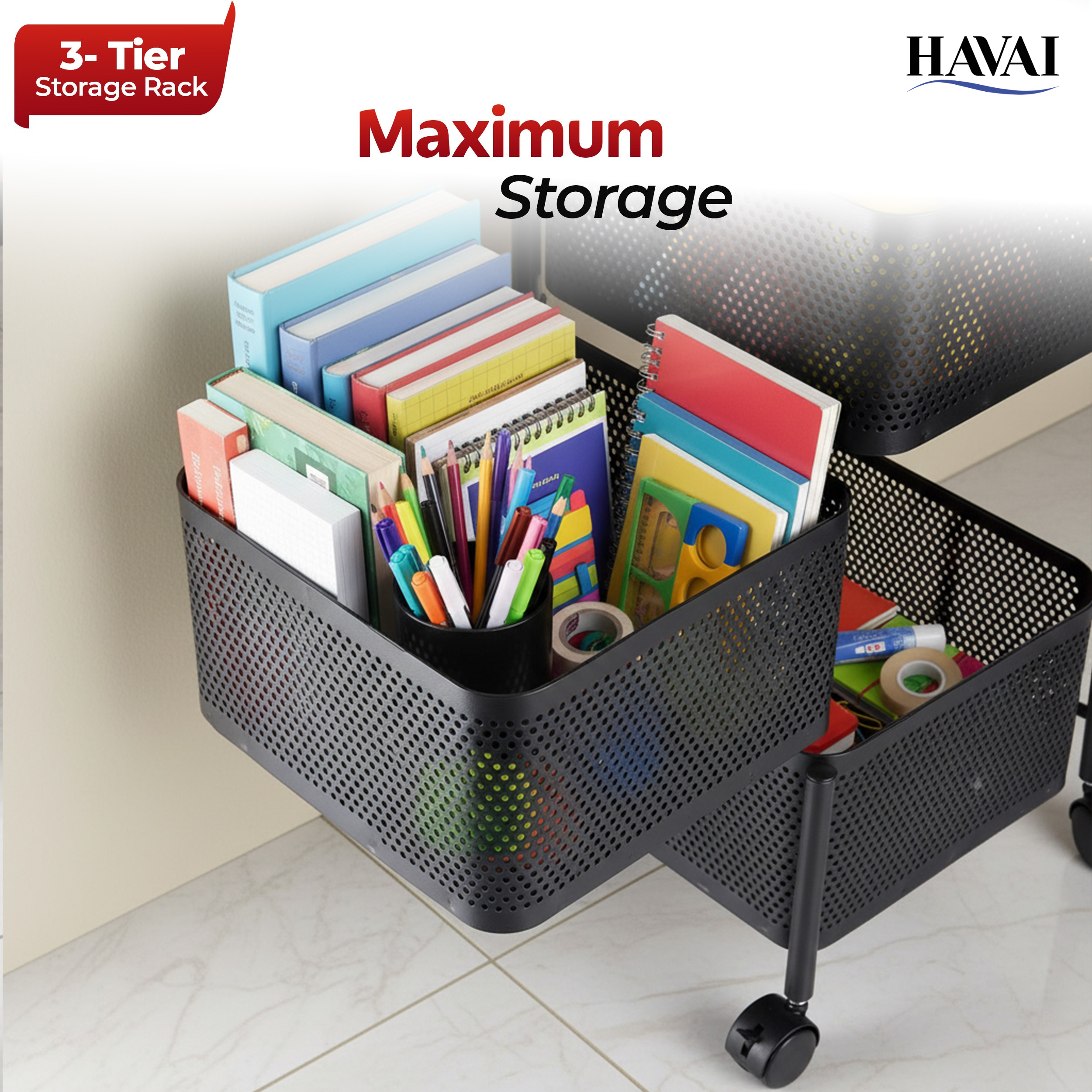 Havai 3 Tier Square Rolling Kitchen Storage Rack | Sturdy Metal Frame | Space-Saving Utility Shelf – Black