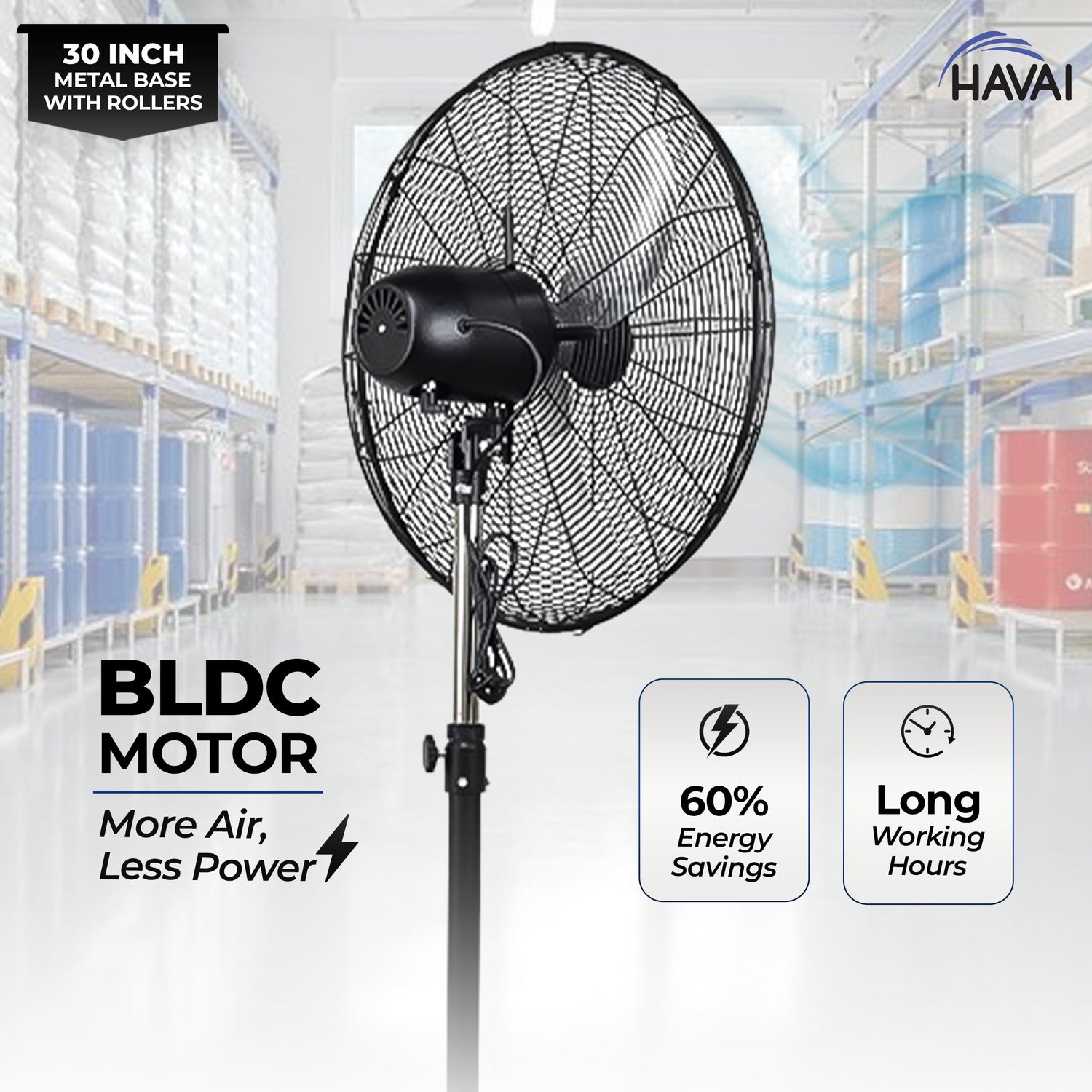 HAVAI 30-Inch Commercial BLDC Pedestal Fan (30–135W) | 2mm Aluminium Blades | Heavy-Duty Metal Base with 4 Lockable Industrial Wheels | High Air Delivery | Fingerproof Safety | 2-Year On-Site Warranty
