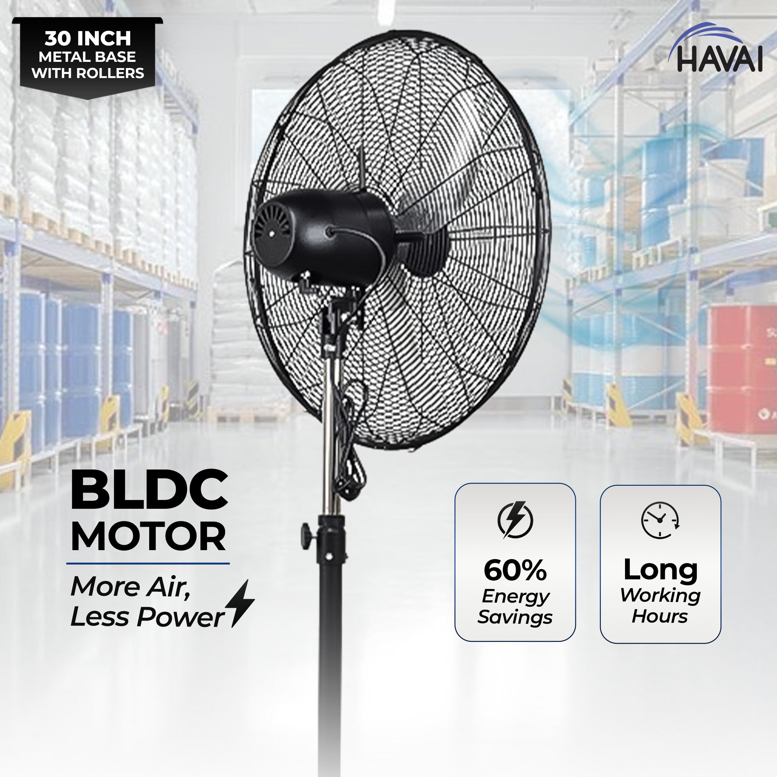 HAVAI 30-Inch Commercial BLDC Pedestal Fan (30–135W) | 2mm Aluminium Blades | Heavy-Duty Metal Base with 4 Lockable Industrial Wheels | High Air Delivery | Fingerproof Safety | 2-Year On-Site Warranty