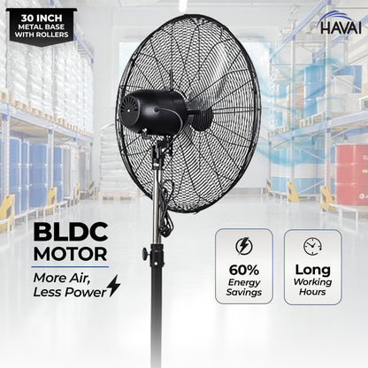 HAVAI 30-Inch Commercial BLDC Pedestal Fan (30–135W) | 2mm Aluminium Blades | Heavy-Duty Metal Base with 4 Lockable Industrial Wheels | High Air Delivery | Fingerproof Safety | 2-Year On-Site Warranty