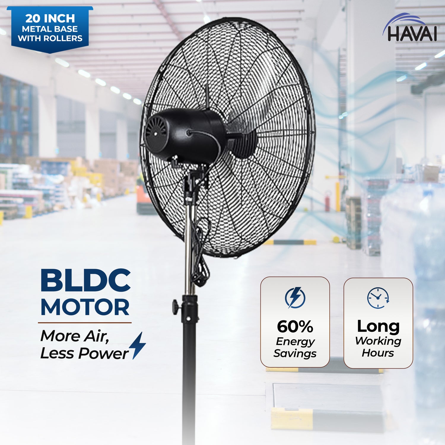 HAVAI 20-Inch Commercial BLDC Pedestal Fan (20–120W) | 2mm Aluminium Blades | Metal Base with 4 Lockable Industrial Wheels | Fingerproof Safety Grill | 4-Speed | 2-Year On-Site Warranty