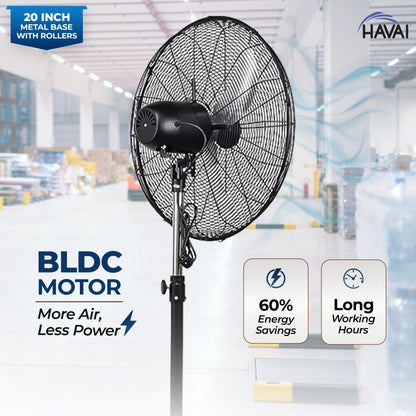 HAVAI 20-Inch Commercial BLDC Pedestal Fan (20–120W) | 2mm Aluminium Blades | Metal Base with 4 Lockable Industrial Wheels | Fingerproof Safety Grill | 4-Speed | 2-Year On-Site Warranty