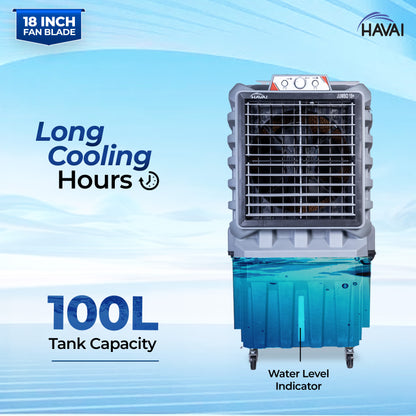 HAVAI Jumbo 18+ Massey Desert Cooler | 150L | 18-Inch Fan | Heavy-Duty 41mm Motor | 3-Side Honeycomb Pads | Auto Swing | Castor Wheels | 230V, 110W | White &amp; Grey