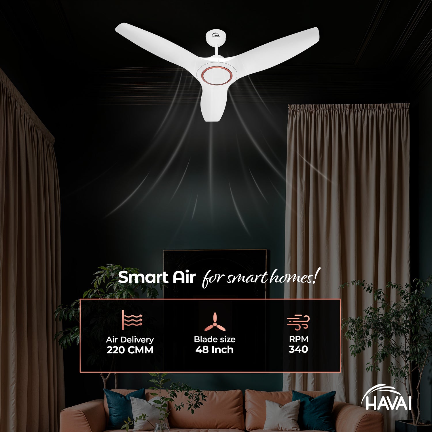 HAVAI Pristine Neo ABS Blade Ceiling Fan | 1200mm, 3 Blades, 27W | Remote Control | 2 Year Warranty | Pearl White