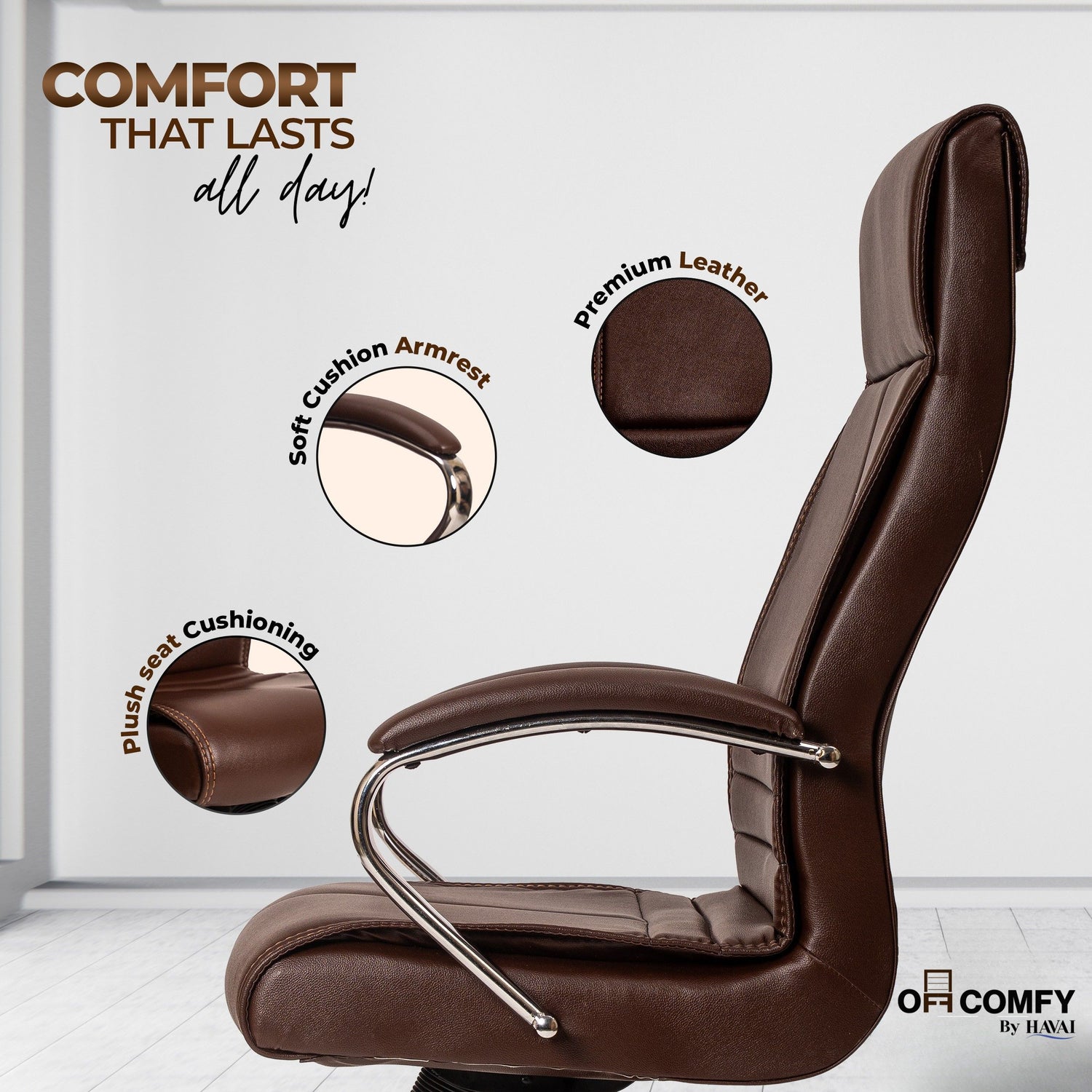Nova High Back Office Chair | Premium Leather | Ergonomic Executive Chair with Single Lock Tilt Mechanism |  Chrome Steel Base &amp; Arms | Class 4 Gaslift | 50mm Casters  | High-Density Cushioned Seat &amp; Back (Brown)
