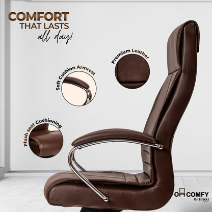 Nova High Back Office Chair | Premium Leather | Ergonomic Executive Chair with Single Lock Tilt Mechanism |  Chrome Steel Base &amp; Arms | Class 4 Gaslift | 50mm Casters  | High-Density Cushioned Seat &amp; Back (Brown)