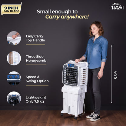 HAVAI Arizona 9 Personal Air Cooler | 9-Inch Blade | 25L Tank | 3-Side Honeycomb Pads | Motorised Louvers | White