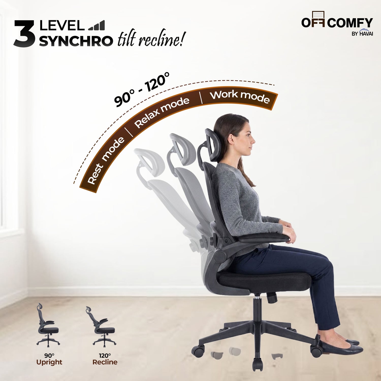 HAVAI LUMA BLACK Ergonomic Mesh Office Chair | Mid Back | Breathable Net Fabric | Reclining | Height Adjustable | Class 2 Gas Lift | Nylon Base | Smooth Wheels | WFH &amp; Office (BLACK)