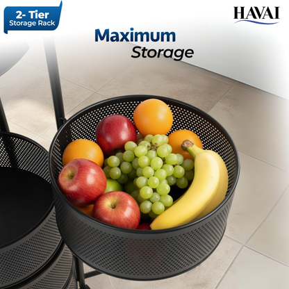 Havai 2 Tier Round Rolling Kitchen Storage Rack | Sturdy Metal Frame| Space-Saving Utility Shelf – Black