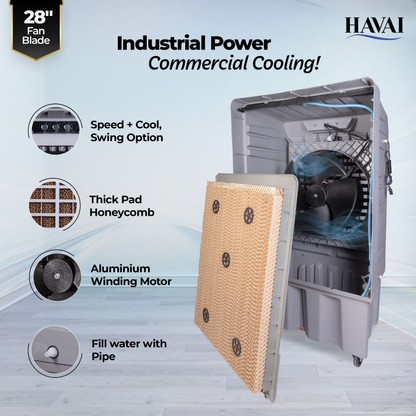 Havai Arizona 28 Industrial &amp; Commercial Air Cooler | 28-Inch Engineered 3-Leaf Blade | 10,000 m³/hr Air Delivery | 150L Tank | 500W Motor | 40 Ft Air Throw | Covers 700 Sq. Ft. | Finger Pull Drain Plug | 1-Year Warranty