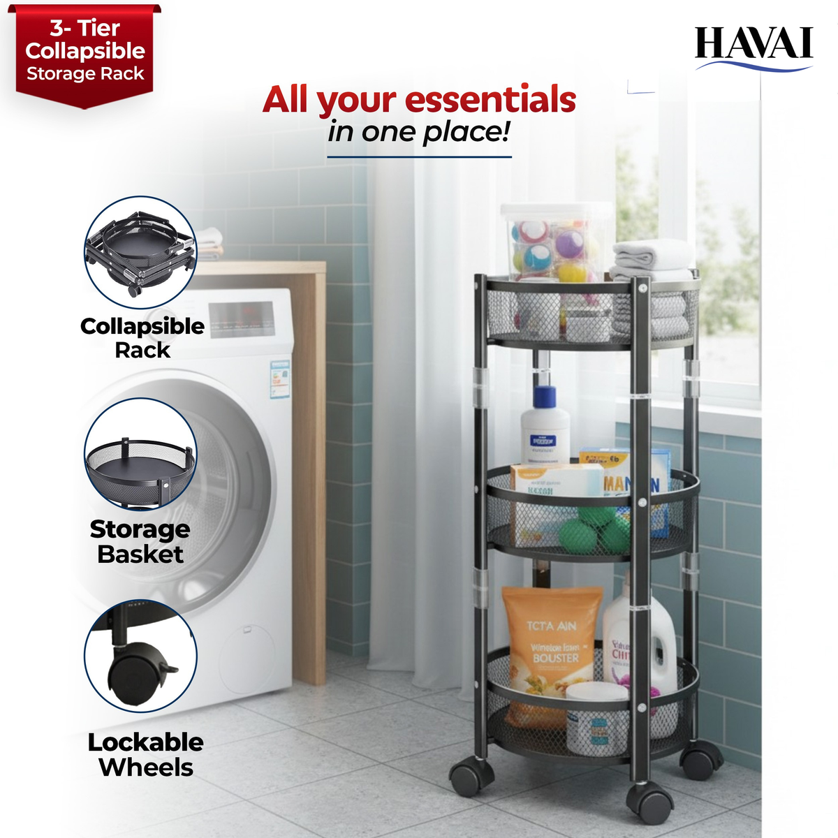 Havai 3 Tier Collapsible Storage Rack Trolley | Portable Mesh Basket Organizer with Wheels | Foldable Kitchen, Bathroom &amp; Bedroom Utility Cart for Home – Black