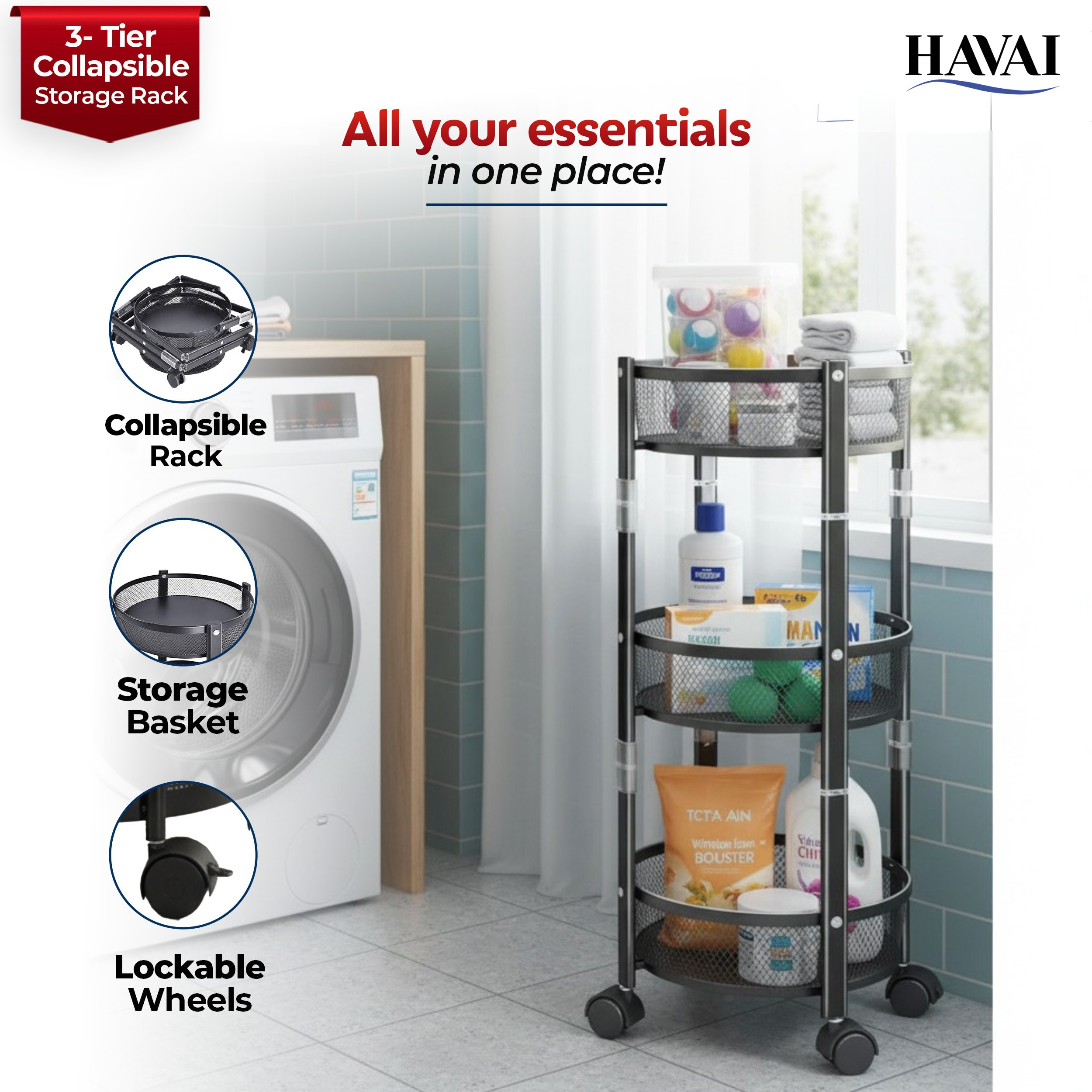 Havai 3 Tier Collapsible Storage Rack Trolley | Portable Mesh Basket Organizer with Wheels | Foldable Kitchen, Bathroom &amp; Bedroom Utility Cart for Home – Black