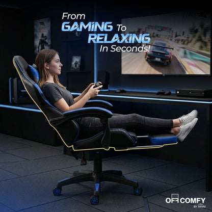 HAVAI Vortex BLUE Gaming Chair | Ergonomic High Back Computer Chair with Linkage Armrests | Reclining &amp; Folding Backrest | Premium 0.55mm PVC Upholstery | High Density Foam Cushion | Class 1 Gas Lift | 320mm Nylon Base | Heavy Duty Wheels | (Blue &amp; Black)