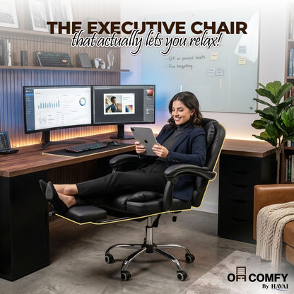 HAVAI Comfexa Executive Office Chair | Premium Recliner Chair with Footrest | Ergonomic High Back Cushion | PVC Leather Finish | Reclining &amp; Folding Mechanism | Class 2 Gas Lift | Nylon Base | Heavy Duty Office &amp; WFH Chair | Black