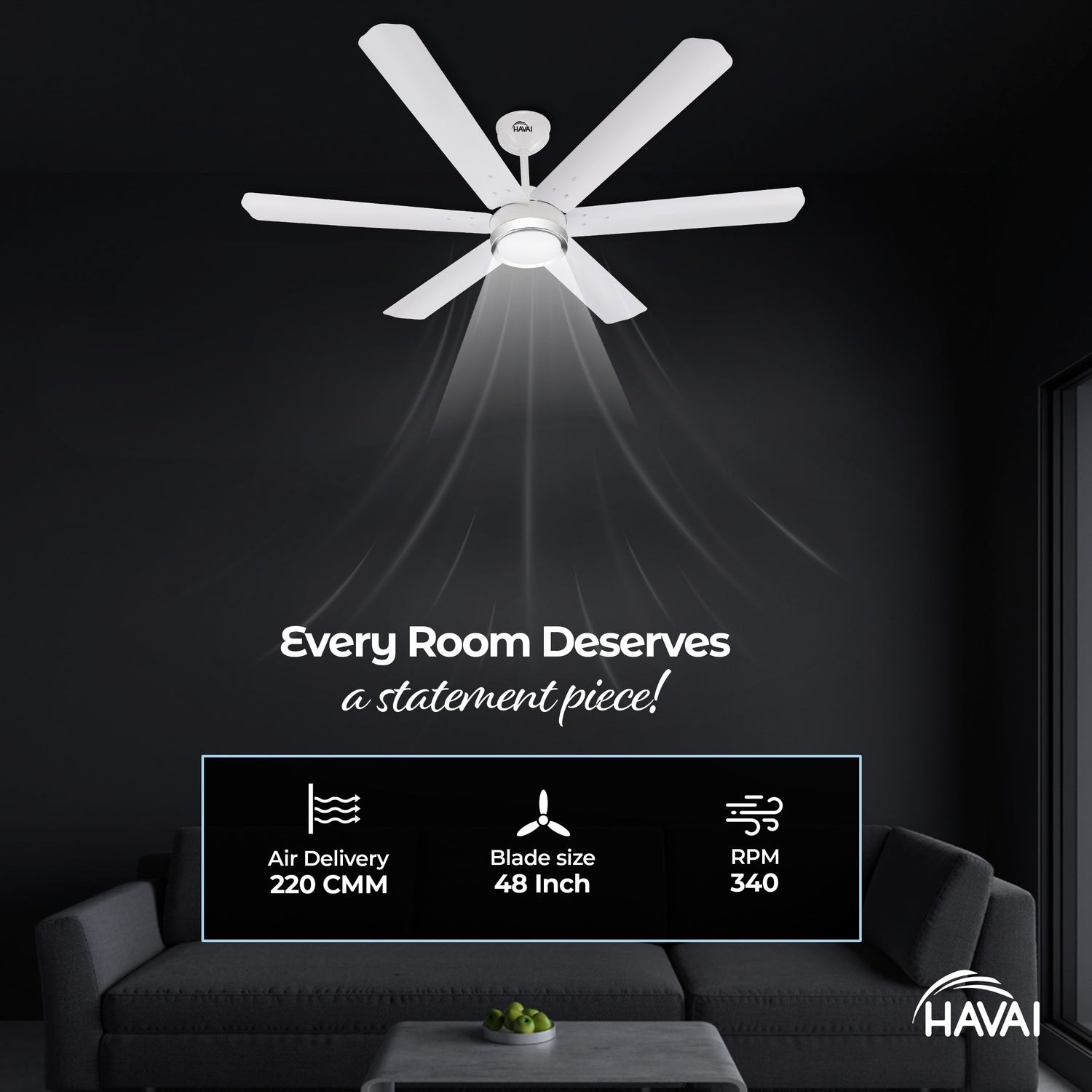 HAVAI Spinel BLDC Ceiling Fan with Decorative Ring | 1200mm, 6 Blades, 25W | Remote Control &amp; 9W LED Light | 2 Years Warranty | Pearl White