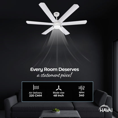 HAVAI Spinel BLDC Ceiling Fan with Decorative Ring | 1200mm, 6 Blades, 25W | Remote Control &amp; 9W LED Light | 2 Years Warranty | Pearl White